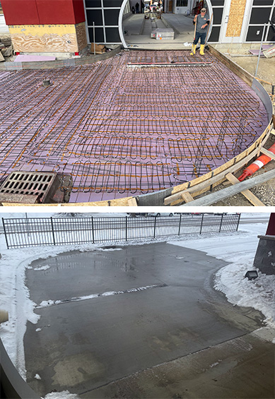 A snow melting system being installed at the exit of a car wash - and after photo.